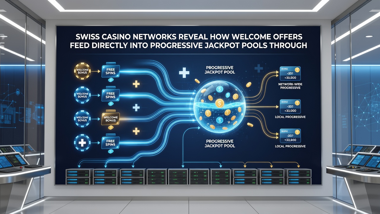 Flow chart of bonus code layers connecting welcome offers to Swiss progressive jackpot accumulation