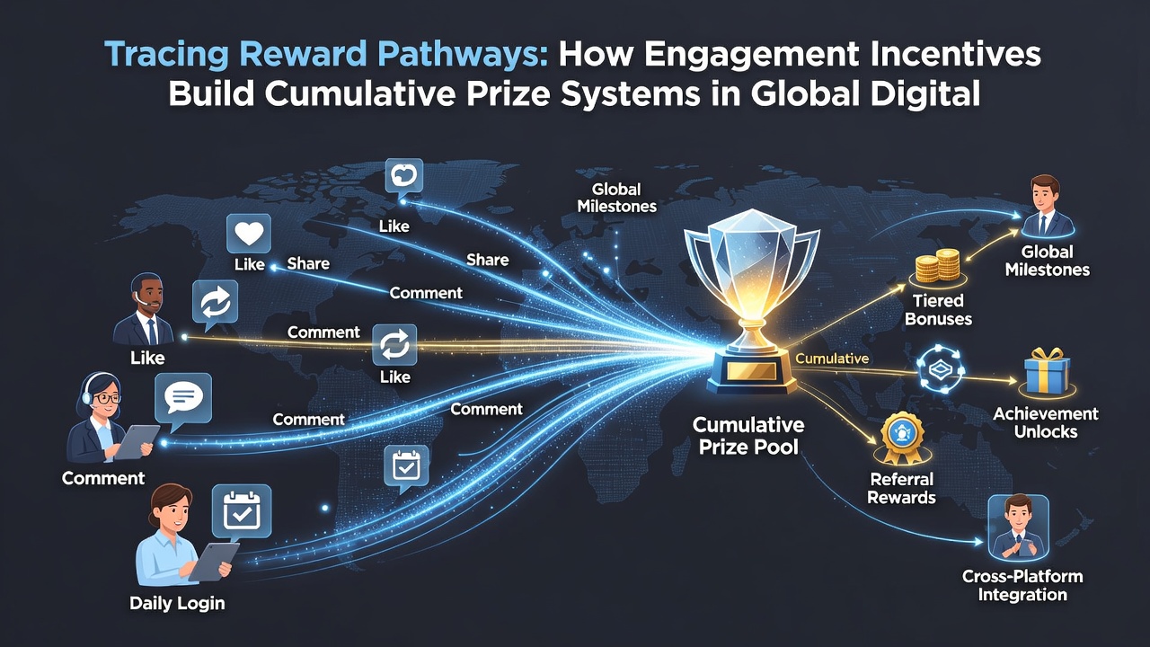 Flowchart of cumulative prize systems in global digital gaming with engagement incentives and regional adaptations